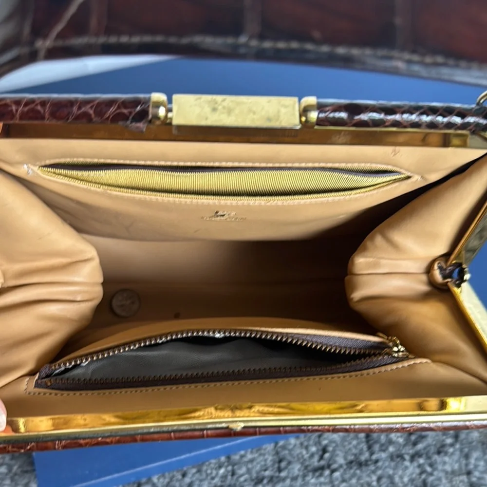 Vintage Lesco Crocodile-Embossed Cognac Leather Shoulder Bag brown